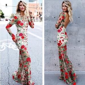 Chic Floral Maxi Dress with Red and Green Details